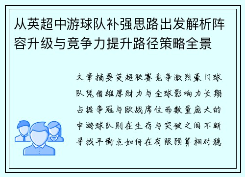从英超中游球队补强思路出发解析阵容升级与竞争力提升路径策略全景